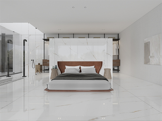 Beli Ketahanan asam Modern Polished Carrara Putih 1420x2700mm Lantai Interior Polished Sintered Stone Slab Untuk Kamar Tidur pembuatan online