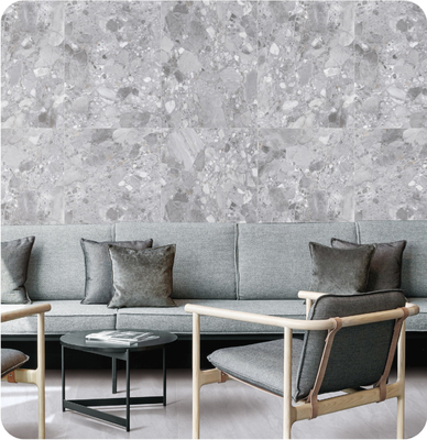 Abu-abu 750x1500mm Peti dinding luar dan lantai interior Terrazzo Baby Face Peti porselen kaca untuk bangunan dan restoran