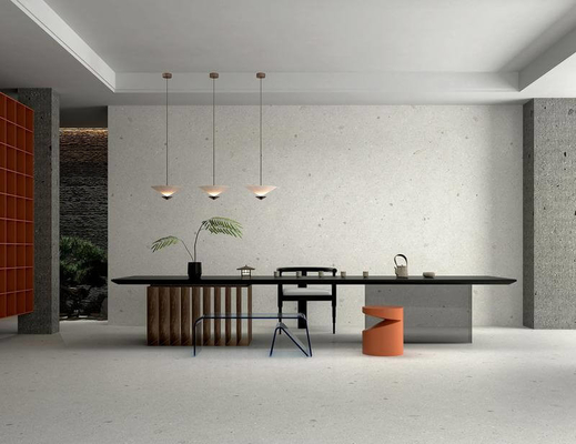 Lantai interior 1200x1200x9mm Lantai ramah lingkungan dan abu-abu terang W.A 0.5% Terrazzo Lantai Porselen Kaca Lembut Untuk Rumah Dan Kantor