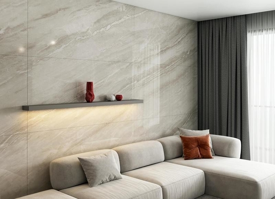 Warna abu-abu Modern 900x1800x9mm Marmer Melihat Di Luar Dinding Kaca Polished Porcelain Tile Untuk Kamar Mandi