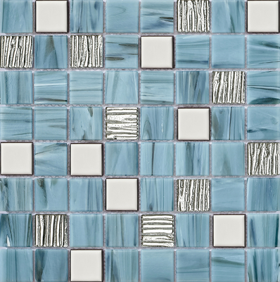 Mosaik Kolam Renang Kaca Dinding Interior Biru Anti-selip 304x304mm Untuk Kamar Tidur dan Ruang Makan
