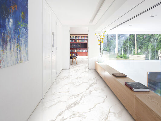 Firebrick dan Lantai Dalam Ruangan Tahan Lama Calacatta 600x1200mm Replika Ubin Porselen Mengkilap Untuk Dapur dan Proyek